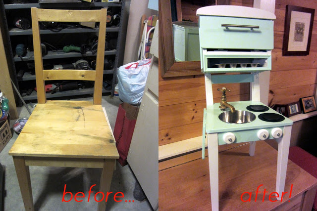 DIY play kitchen made out of a chair